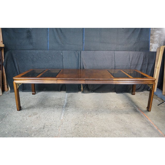 Mid Century Chinoiserie Matchbook Walnut Brass & Glass Extendable Dining Table For Sale - Image 14 of 15