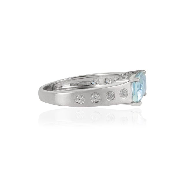 Metal Baguette Cut Natural Aquamarine Ring With Flush Diamond Shank 925 Silver Size 7 For Sale - Image 7 of 15