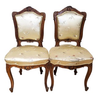 Pair French 19th C Upholstered Louis XV Style "Shell" Carved Walnut Side Chairs For Sale