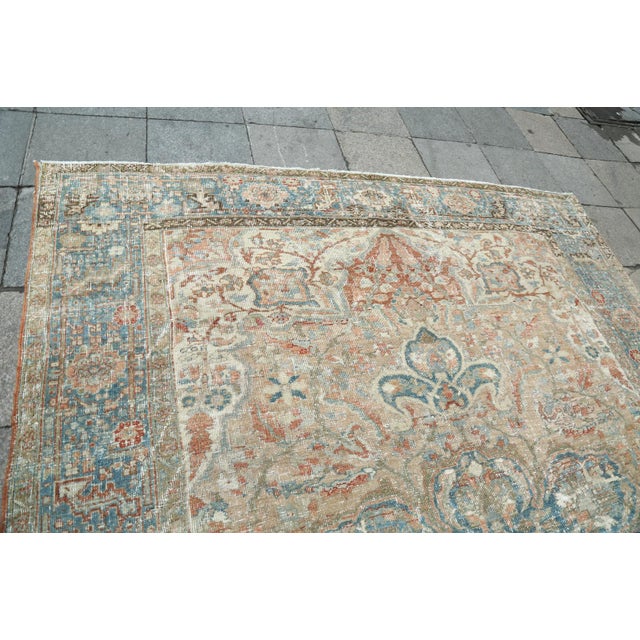 Antique Distressed Heriz Rug – Handwoven Wool on Cotton, Faded Blue & Terracotta Medallion Carpet -7' 11'' X 11' 2'' For Sale - Image 13 of 18
