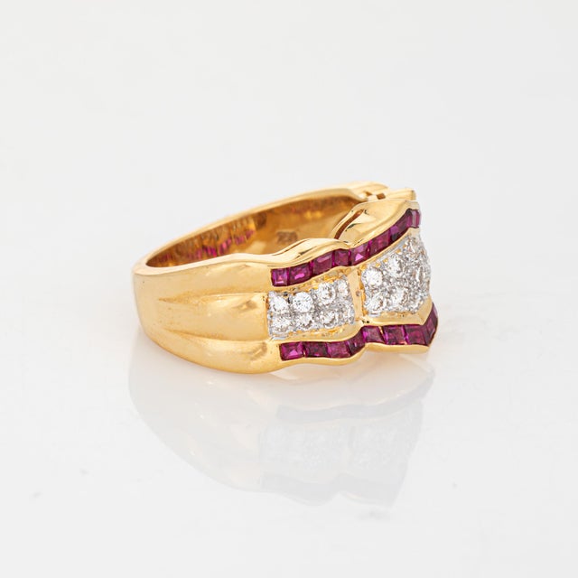 Modern 80s Diamond Ruby Ring Sz 6.5 Wide Band Vintage 18k Yellow Gold Fine Jewelry For Sale - Image 3 of 7