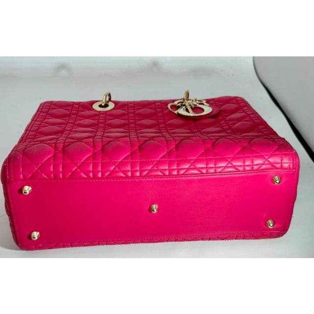 Contemporary Christian Dior Lady Dior Large Lambskin Hot Pink / Fuschia Handbag, Excellent For Sale - Image 3 of 18