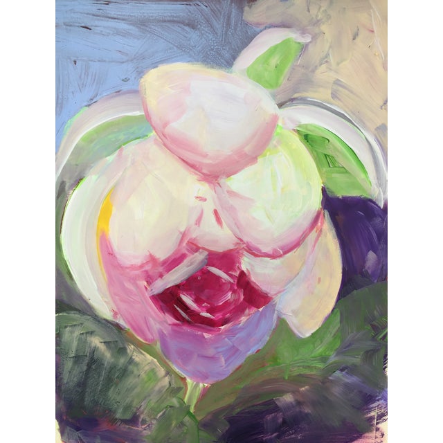 A stunning contemporary acrylic painting of a lotus created plein-air in my garden. Like Giverny for Monet, it is my...