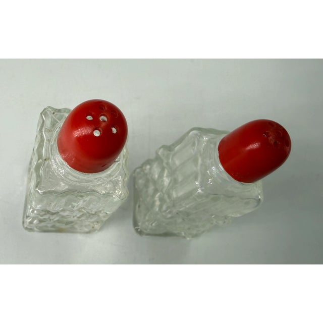 1950s Salt & Pepper Shakers Diamond Patterned Glass Red Top MCM Japan For Sale - Image 4 of 5