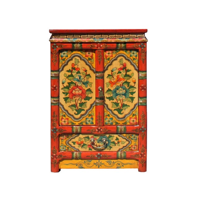 Orange Orange Yellow Tibetan Floral End Table Nightstand Cabinet For Sale - Image 8 of 8
