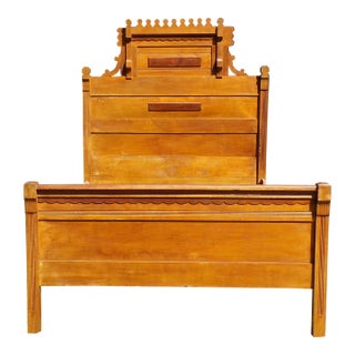 Antique Victorian Country Cottage Farmhouse Oak Double Full Bed Frame 19th C. For Sale