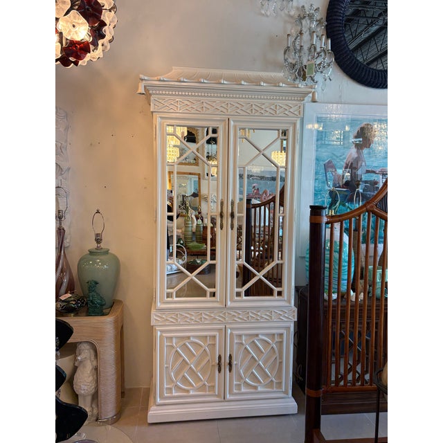 Vintage Fret Fretwork Chippendale Mirrored Bells Pagoda Cabinet Armoire Bar For Sale - Image 10 of 12