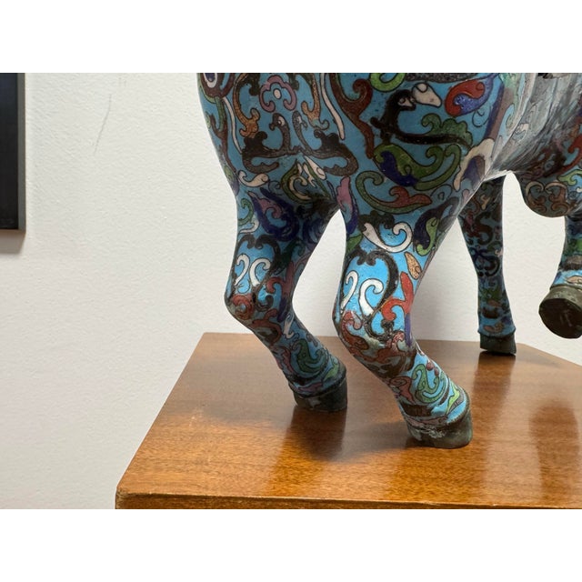 Antique Chinese Cloisonné Prancing Horse Sculpture | Large Republic Period Bronze & Enamel Figurine | Turquoise Scrollwork | 18" Asian Art For Sale - Image 4 of 12