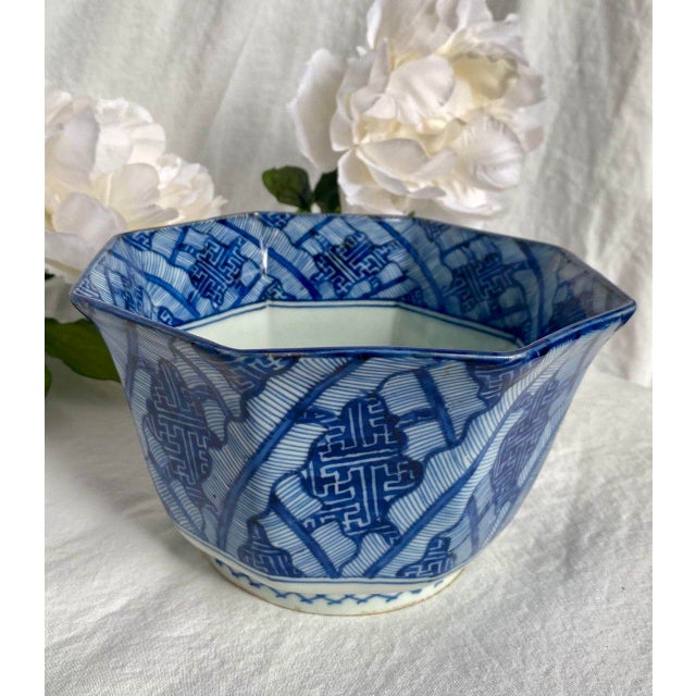 Chinese Chinese Blue & White Octagonal Porcelain Bowl With Qilin – Textile Pattern – 7” – Ming Revival Style For Sale - Image 3 of 11