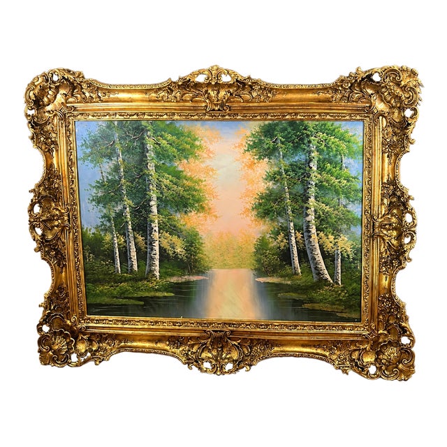 Grand Landscape Wall Art – Scenic Woodland Painting With Ornate Gold Leaf Frame For Sale