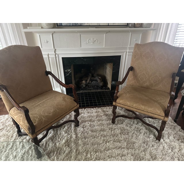 Pair of Sherrill Carved Wood Damask Armchairs With Nailhead Trim Pair of Sherrill Carved Wood Damask Armchairs With Nailhead Trim For Sale - Image 10 of 17