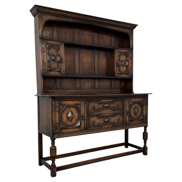 Wood Antique Early 20th Century English Jacobean Revival Oak Dresser For Sale - Image 7 of 13