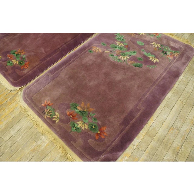 1920s Purple Floral Antqiue Pair of Chinese Art Deco Carpets 3' X 4'7" Knotted Wool Rugs For Sale - Image 10 of 12
