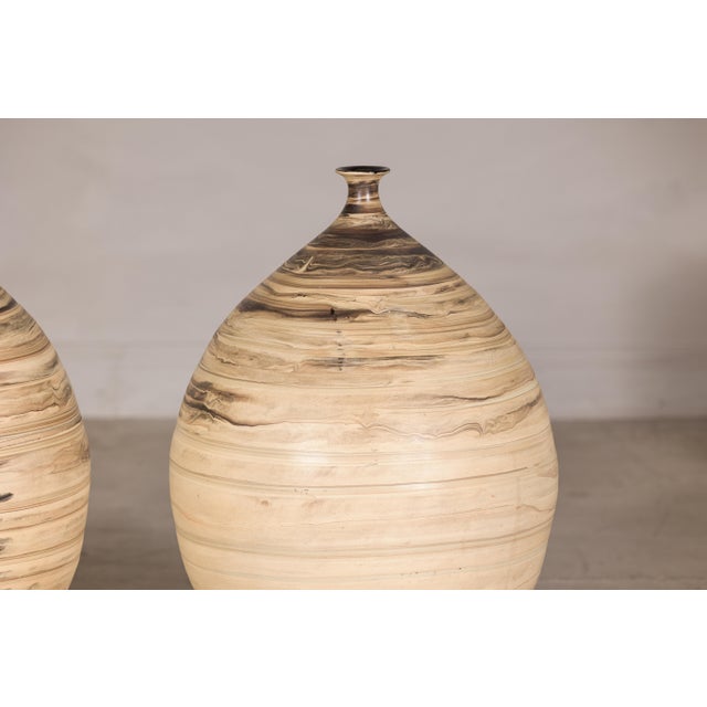 Late 20th Century Large Artisan Ceramic Floor Vases with Cream and Brown Swirled Glaze (Sold Each) For Sale - Image 17 of 18
