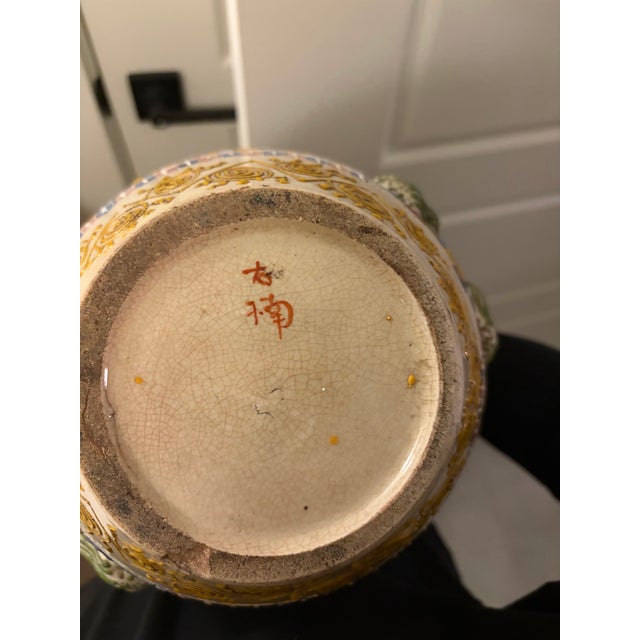 Mid 19th Century Large 16” Vintage Japanese Satsuma-Style Moriage Vase • Hand-Painted Court Scene • Raised Enamel • Chinoiserie Decor Statement Piece For Sale - Image 5 of 5