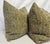 Custom pair of 22" pillows covered in Donghia "Knots Landing" in color artichoke woven fabric. These pillows have tapered...