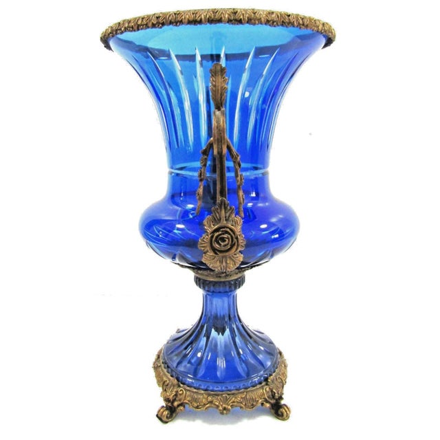 Pair Antique Cobalt Blue Glass Vases With Ornate Bronze Rim, Handles and Mount For Sale - Image 9 of 18