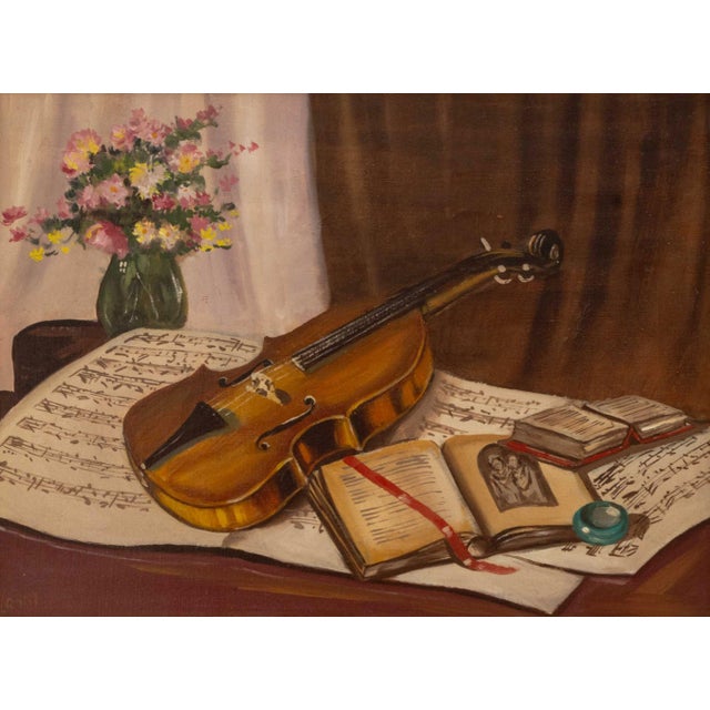 20th Century School, Violin Still Life, Oil on Canvas, illegibly signed "Lahor (?)" lower left, painted wood frame. Image:...