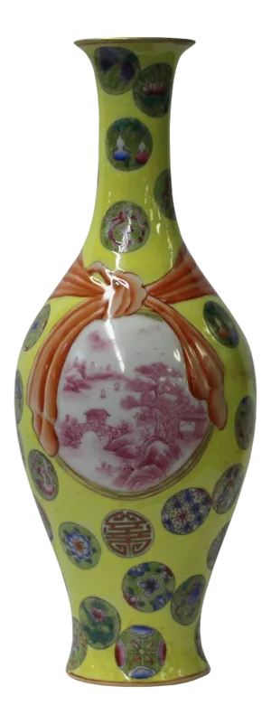 Chinese Yellow Color Ceramic Oriental Scenery Pattern Vase
