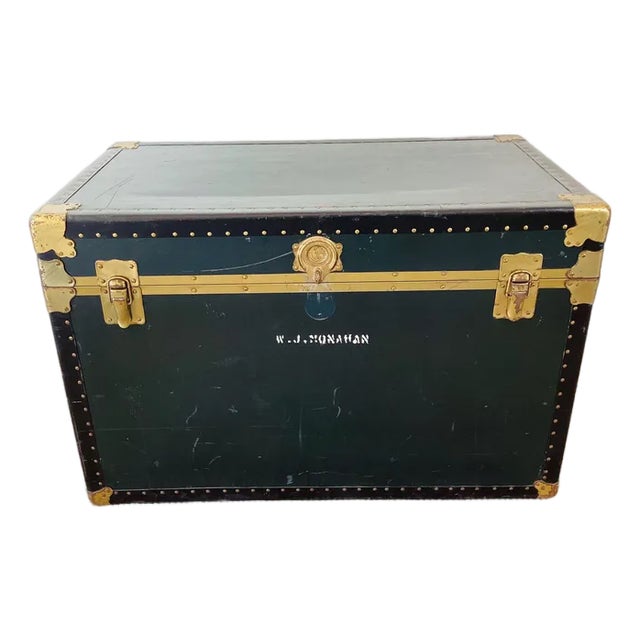 Vintage 1950s Black & Brass Storage Trunk / Coffee Table For Sale