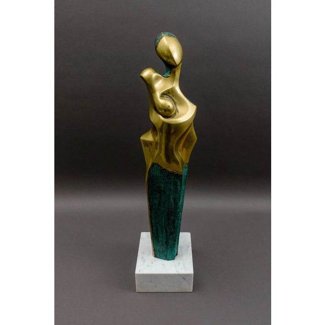 Diego Ortega (Spain, 1937) Modernist Cubist Style Mother Child Bronze And Turquoise Patina Sculpture Mounted On Polished...