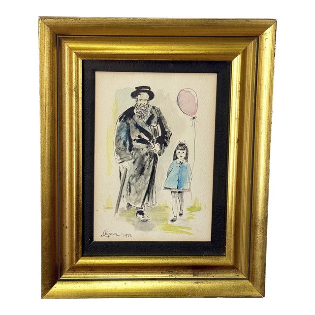 Vintage 1976 Jewish Rabbi & Girl W/ Balloon Signed Watercolor Painting For Sale
