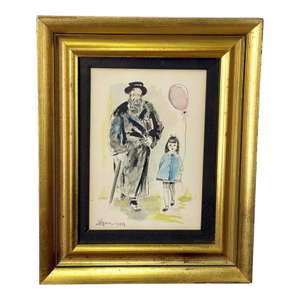 Vintage 1976 Jewish Rabbi & Girl W/ Balloon Signed Watercolor Painting
