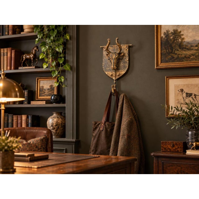 An unusually sculptural bull or steer wall hook featuring a dimensional animal head, dramatic curved horns and a shield-...