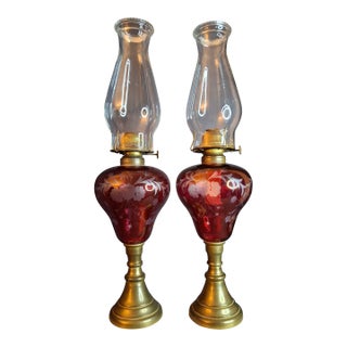 Pair Antique Bohemian Cranberry Cut-to-Clear Kerosene Lamps Marble Base P&a Eagle For Sale