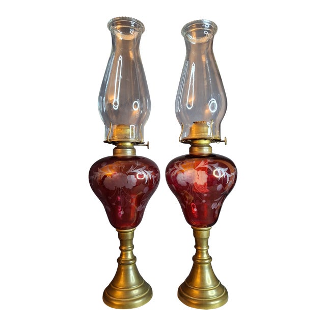 Pair Antique Bohemian Cranberry Cut-to-Clear Kerosene Lamps Marble Base P&a Eagle For Sale