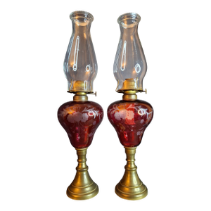 Pair Antique Bohemian Cranberry Cut-to-Clear Kerosene Lamps Marble Base P&a Eagle