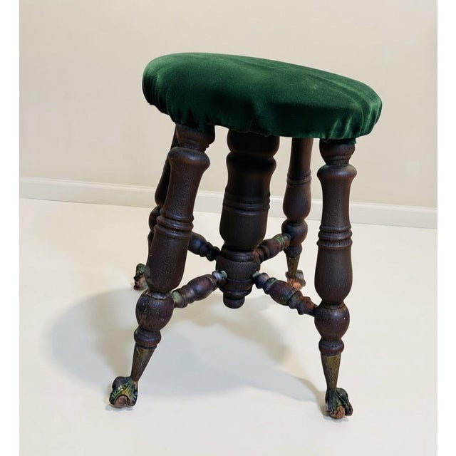 Victorian Late Victorian Claw-and-Glass-Ball Stool With Emerald Green Velvet Seat For Sale - Image 3 of 8