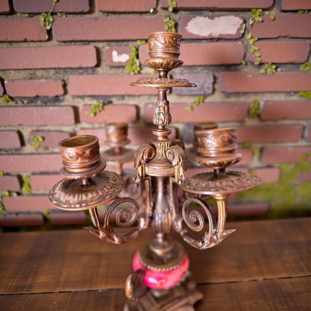 Metal 1900s Rare French Pink Sevres-Style Gilt Bronze Porcelain Mantel Clock + Candelabra For Sale - Image 7 of 12