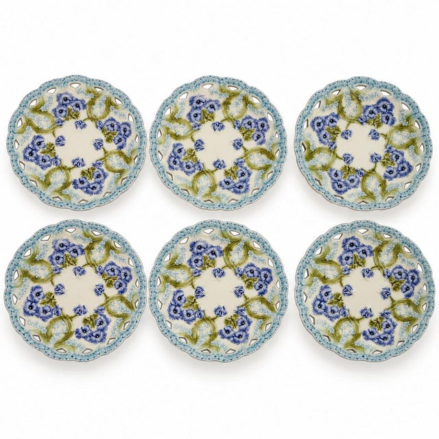Set of 6 Antique Villeroy & Boch Reticulated Majolica Violet Plates For Sale
