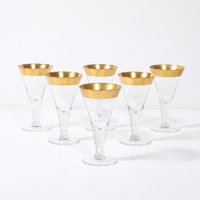 This set of 6 Mid-Century Modernist gilt-rimmed wine glasses, designed by the iconic American glassware designer Dorothy...