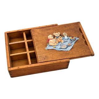 Vintage Wooden Tea Box With Teddy Bear Picnic Scene | Divided Storage Box For Sale