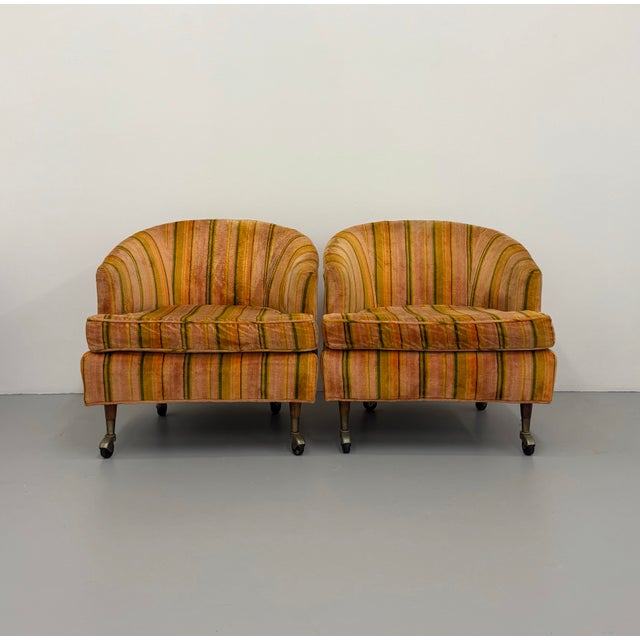 Vintage Barrel Back Lounge Chairs on Brass Casters – Pair For Sale - Image 4 of 8