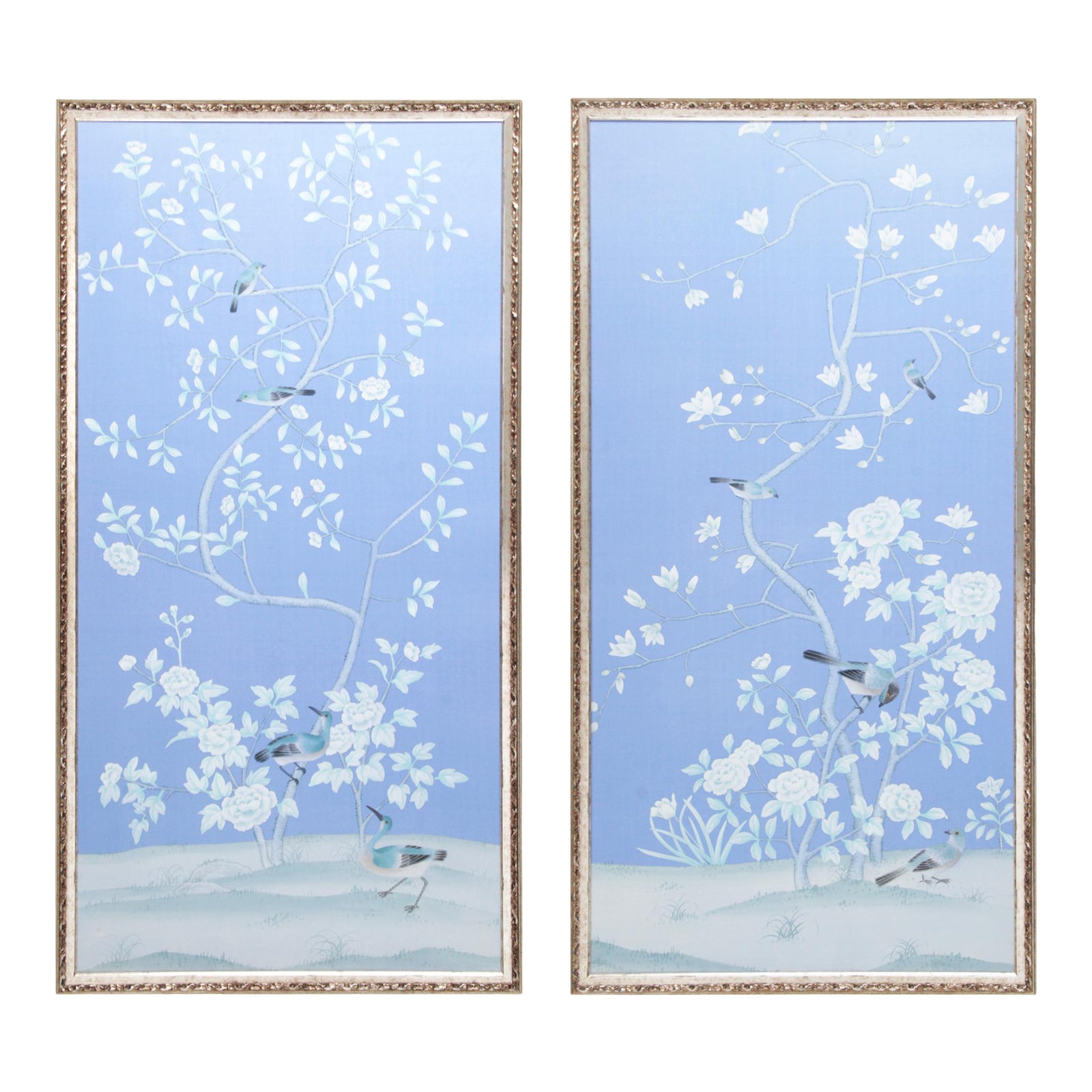 Framed Silk Wallpaper Panels, Neutrals on Blue in Silver Frames, a Pair