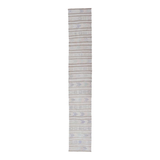 Vintage Turkish Kilim Runner in Soft Gray and Beige Striped Design 2'0 X 13'3 For Sale