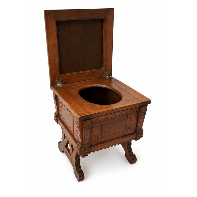 Antique Eastlake Oak Commode With Needlepoint Seat For Sale - Image 4 of 5