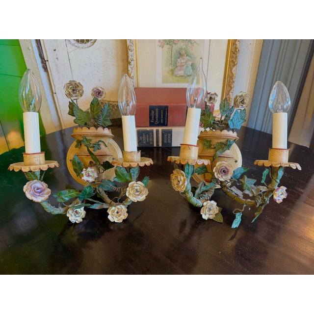 Antique French Floral Tole Wall Sconces - a Pair For Sale - Image 15 of 17