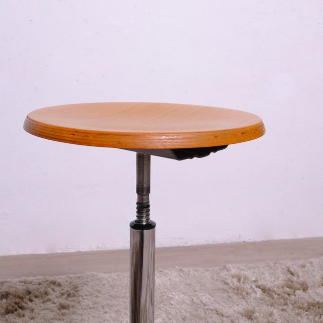 Industrial Adjustable Office Stool in Metal with Wooden Seat For Sale - Image 12 of 16