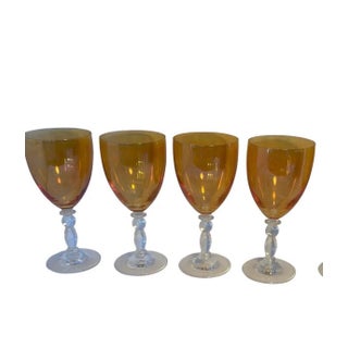 1970s Mid-Century Modern Amber Wine Goblets With Sculptural Clear Stems - Set of 4 For Sale