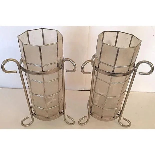 Contemporary Hurricane Lantern Metal and Capiz Shell - a Pair For Sale - Image 3 of 7