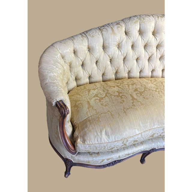 Vintage French Button Back Tufted Sofa With Gold Damask Fabric For Sale - Image 15 of 17