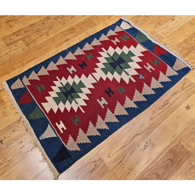 Turkish Vintage Turkish Kilim Area Rug, Handwoven Wool, Geometric Pattern, Red & Ivory, 2x3 For Sale - Image 3 of 11