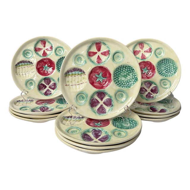 1950's French Portieux Vallerysthal Majolica "Légumes en Relief" Dinner Plates – Set of 12 For Sale