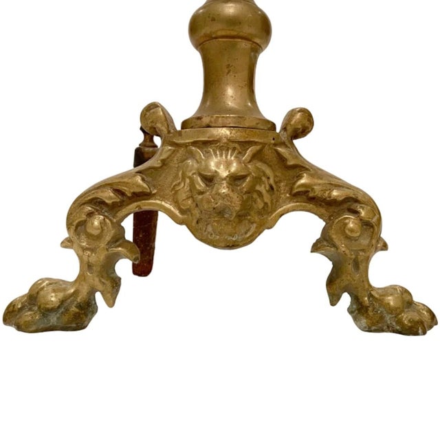 Pair Antique Brass & Cast Iron Lion Head Fireplace Andirons For Sale - Image 4 of 11