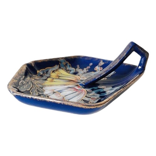 Antique Hand-Painted Eljo Candy Dish with Blue Flowers from Regina Gouda, 1920s For Sale