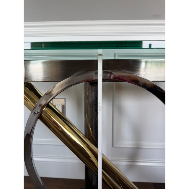 Metal Kaizo Oto for Design Institute America Postmodern Brass, Chrome & Glass Sculptural Console Table For Sale - Image 7 of 12